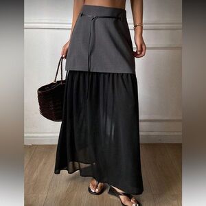 Two-Tone Black Maxi Skirt with Structured Waist